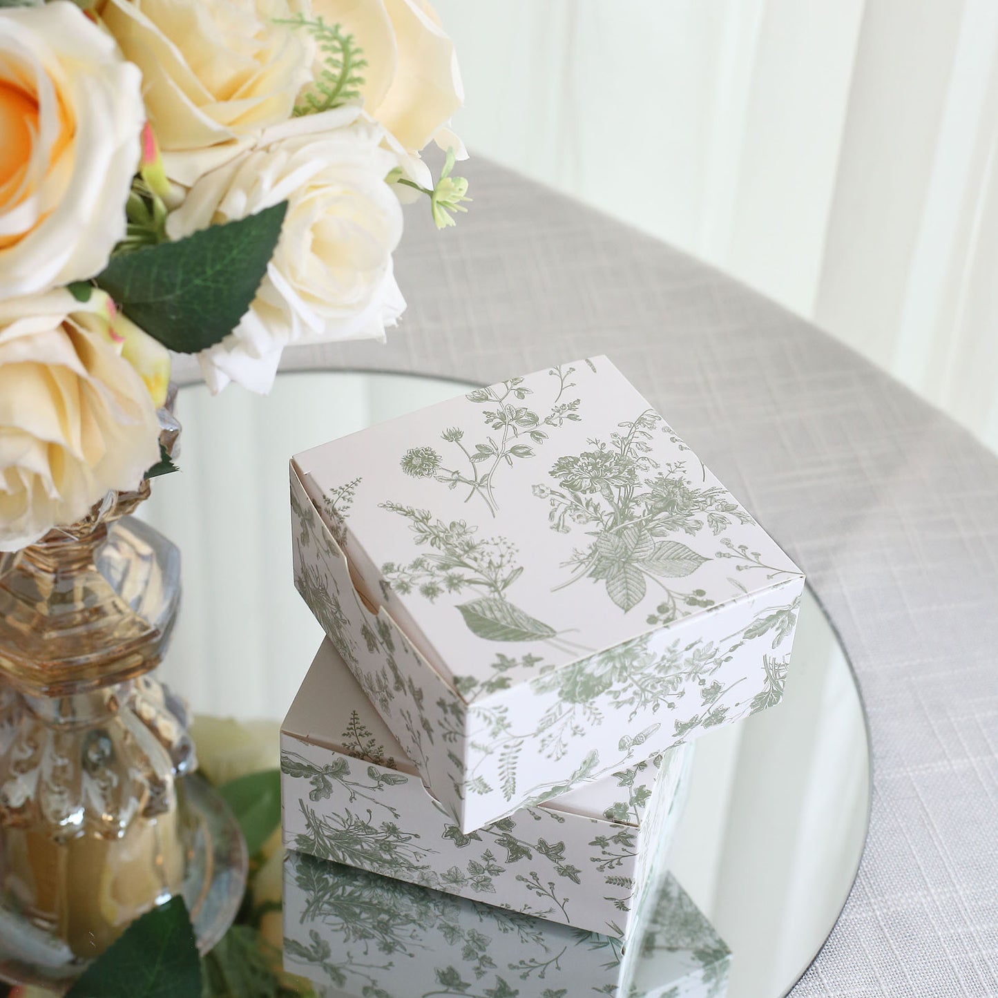 25 Pack White Sage Green Paper Favor Boxes in French Toile Pattern, Cardstock Party Shower Candy Gift Boxes - 4"x4"x2"