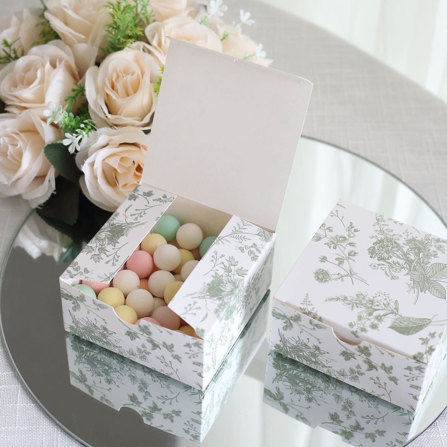 25 Pack White Sage Green Paper Favor Boxes in French Toile Pattern, Cardstock Party Shower Candy Gift Boxes - 4"x4"x2"