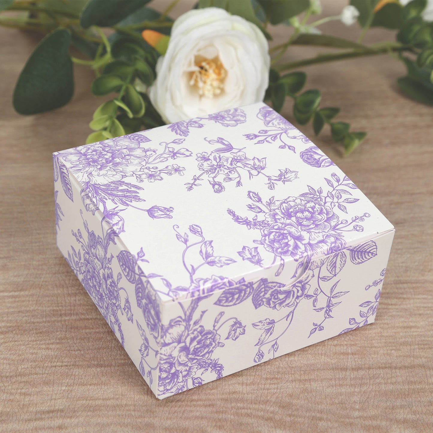 25 Pack Party Favors Boxes in French Toile Pattern, Matte Lavender and White Candy Gift Boxes - Cardstock Paper - 4"x4"x2"