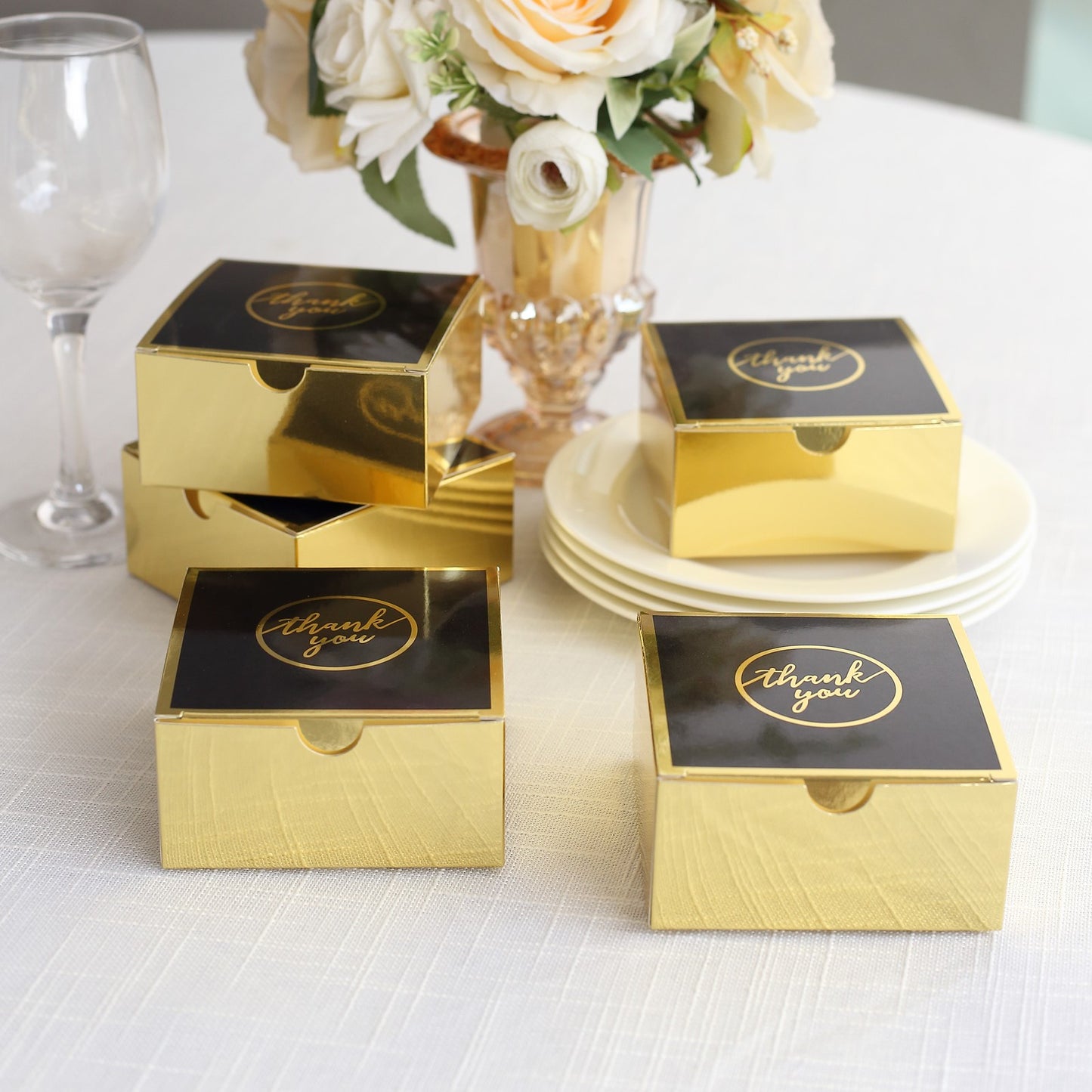 25 Pack Black Gold "Thank You" Print Paper Favor Boxes, Cardstock Party Shower Candy Gift Boxes - 4"x4"x2"