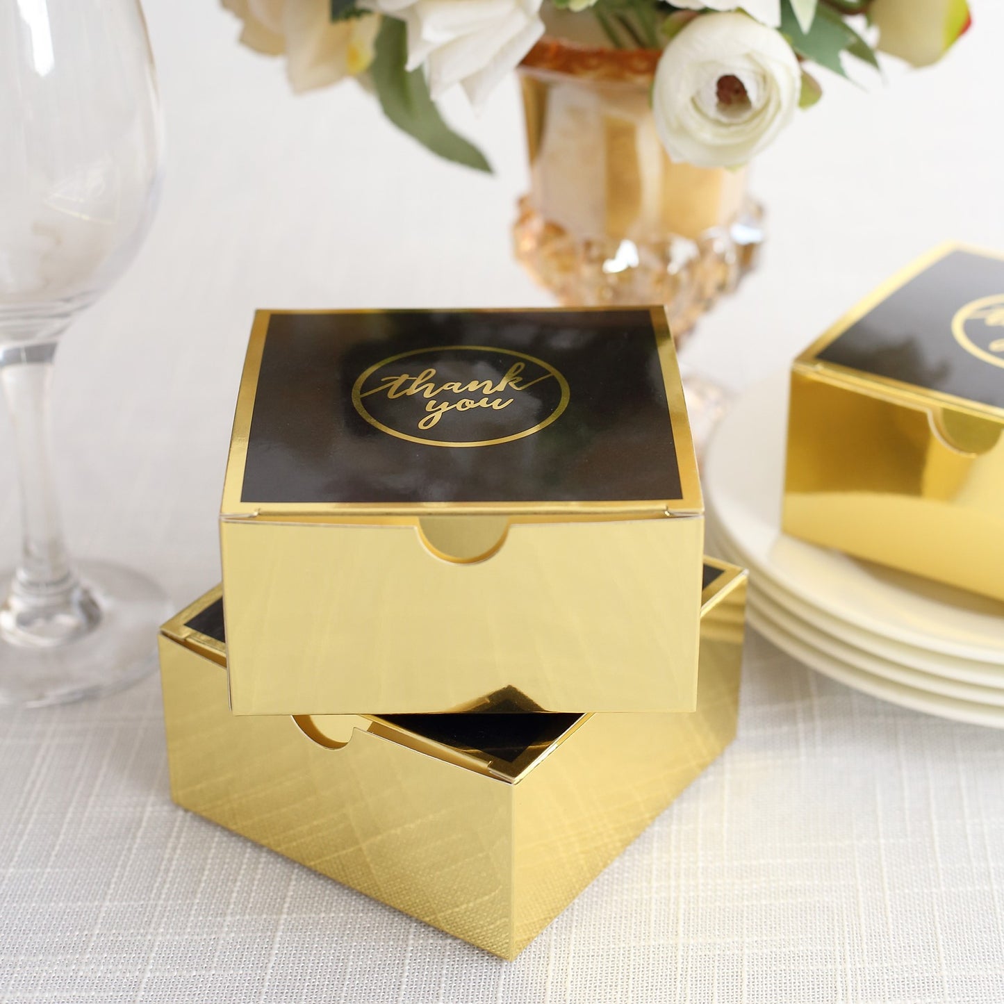 25 Pack Black Gold "Thank You" Print Paper Favor Boxes, Cardstock Party Shower Candy Gift Boxes - 4"x4"x2"