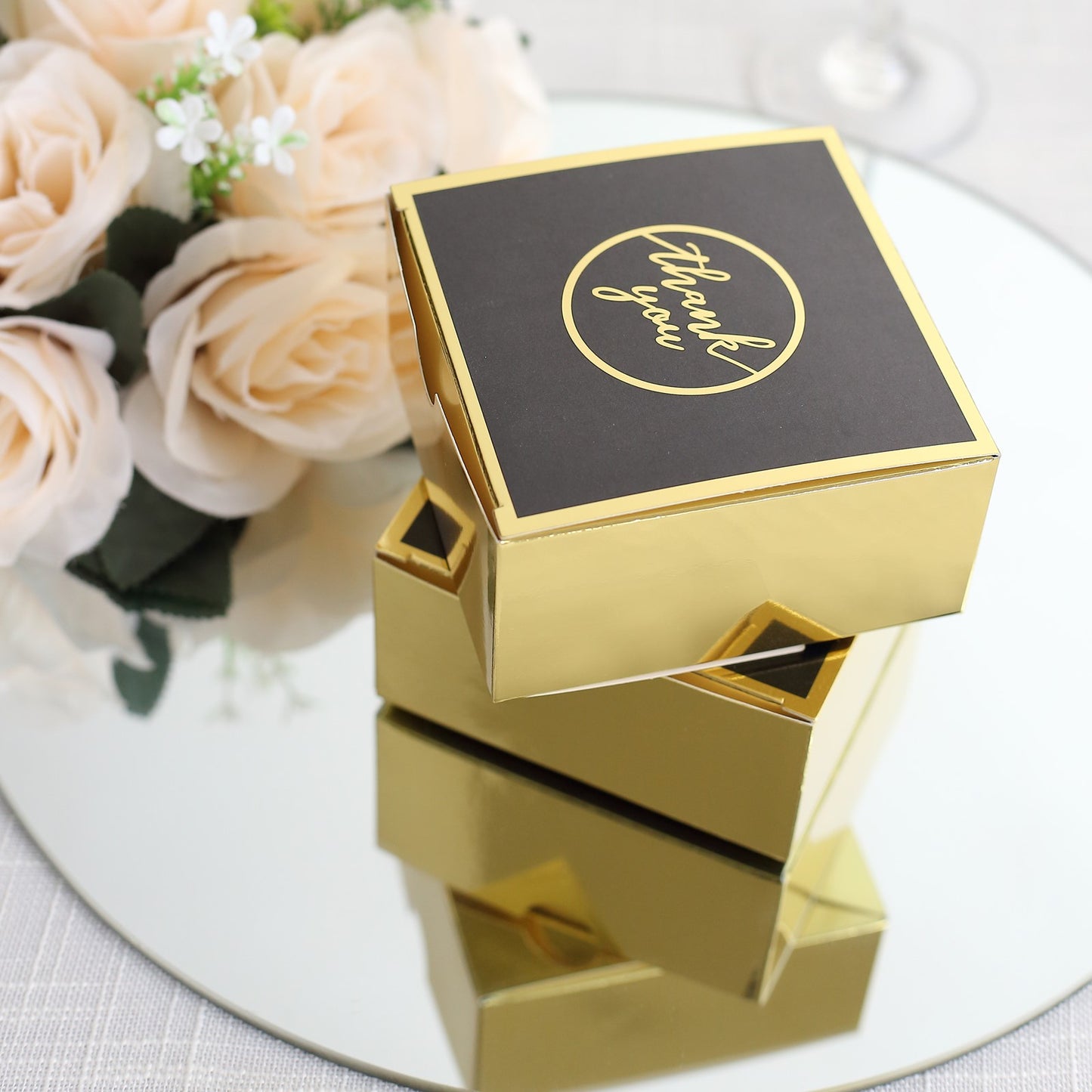 25 Pack Black Gold "Thank You" Print Paper Favor Boxes, Cardstock Party Shower Candy Gift Boxes - 4"x4"x2"