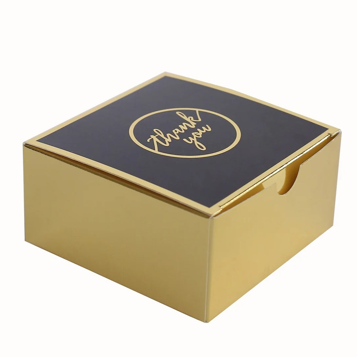 25 Pack Black Gold "Thank You" Print Paper Favor Boxes, Cardstock Party Shower Candy Gift Boxes - 4"x4"x2"