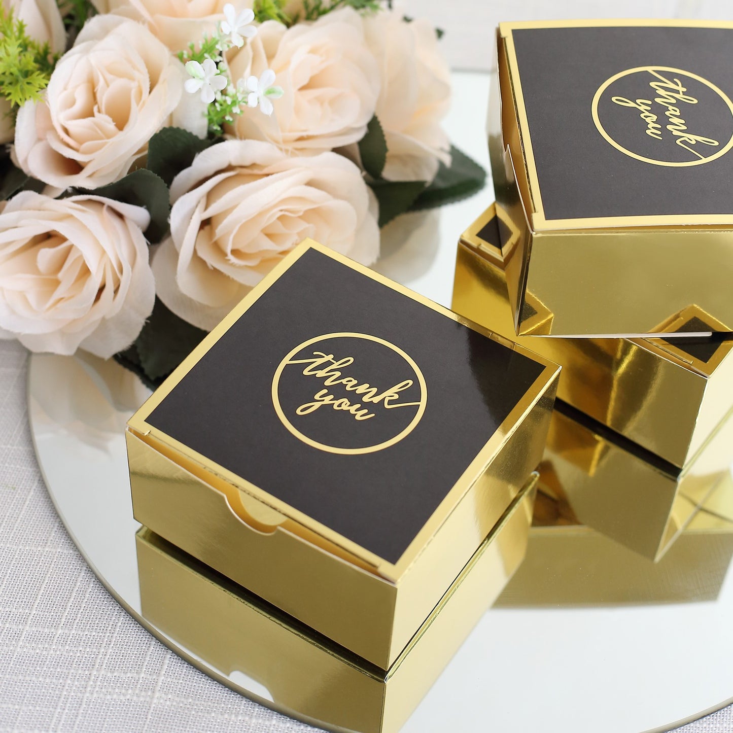 25 Pack Black Gold "Thank You" Print Paper Favor Boxes, Cardstock Party Shower Candy Gift Boxes - 4"x4"x2"