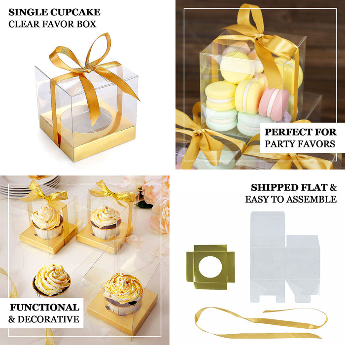 12 Pack | 3.5" Clear Metallic Gold Disposable Cupcake Boxes With Ribbon Tie, Plastic Wedding Favor Boxes