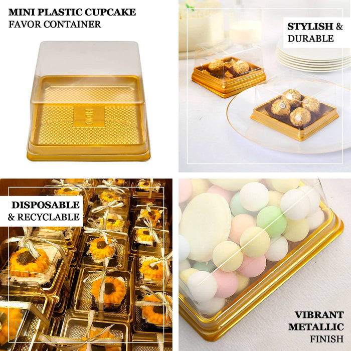 Clear and gold mini plastic dessert boxes for cupcakes and treats.