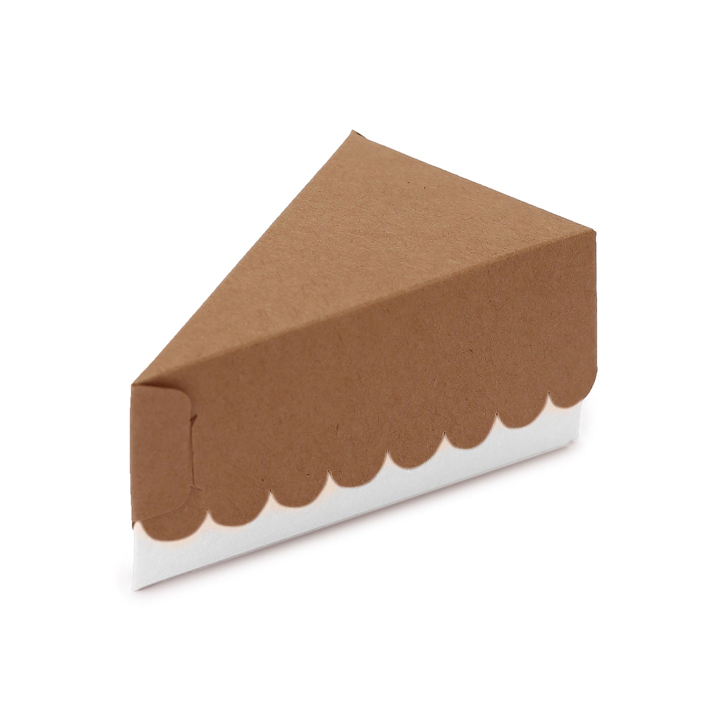 Brown triangular pie slice dessert box with scalloped top.