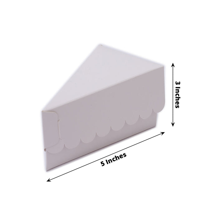 White triangular pie slice dessert box with scalloped top, measures 5"x3".