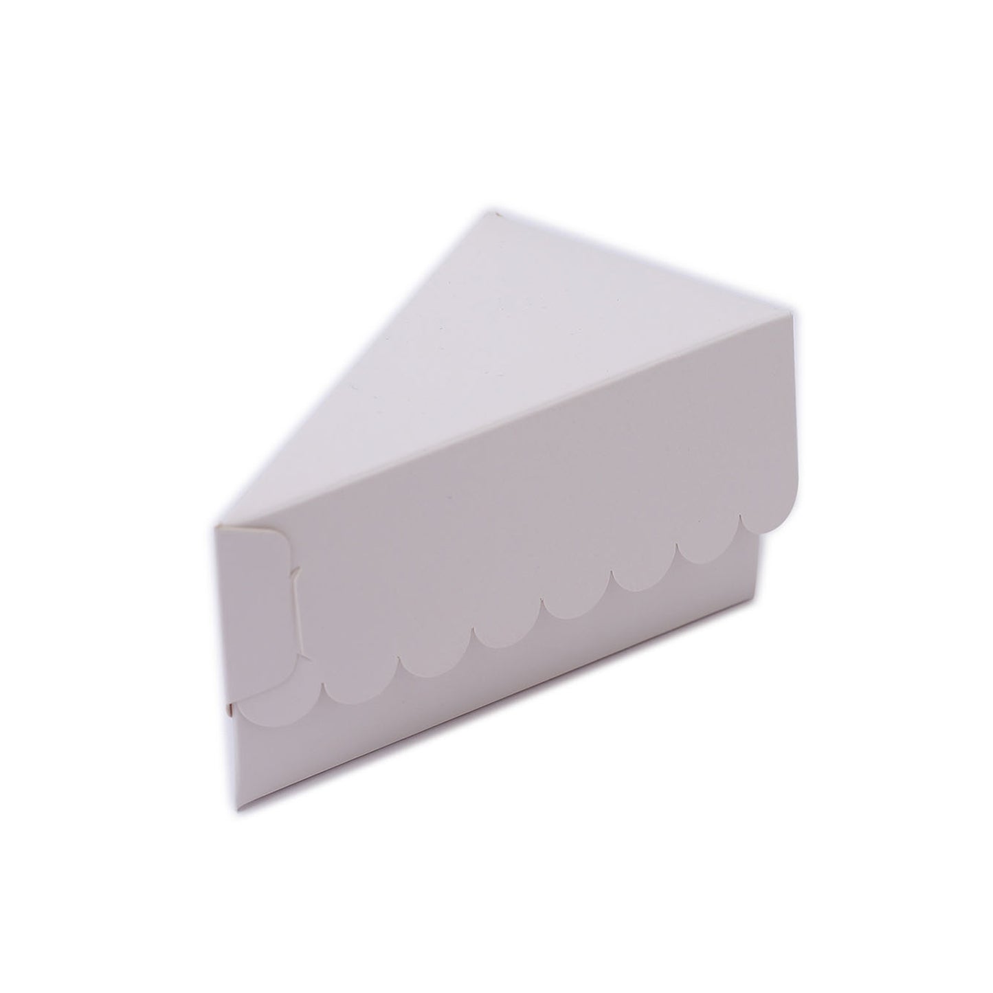 White triangular paper cake box with scalloped top.