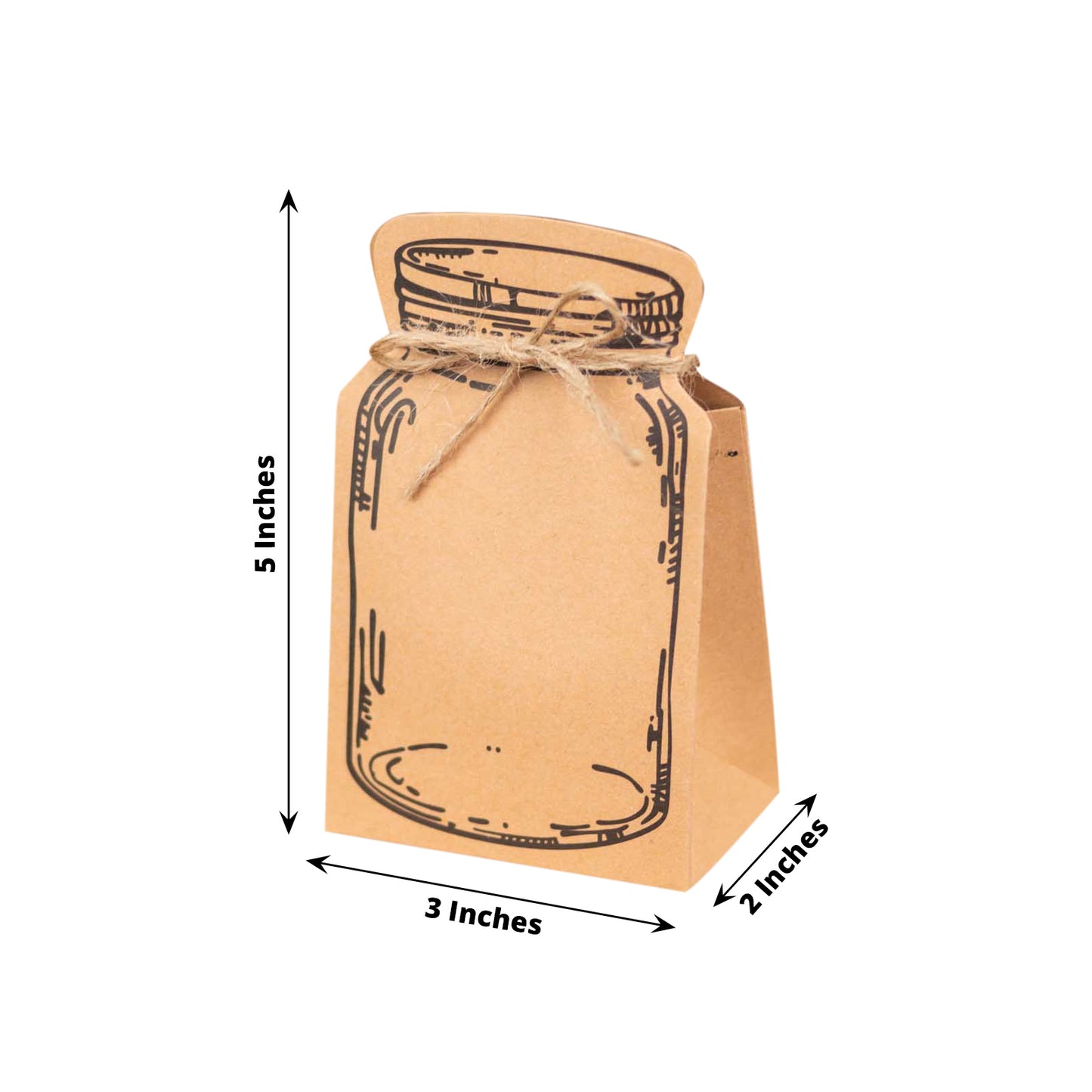 Natural mini mason jar shaped paper favor box with jute rope ties.