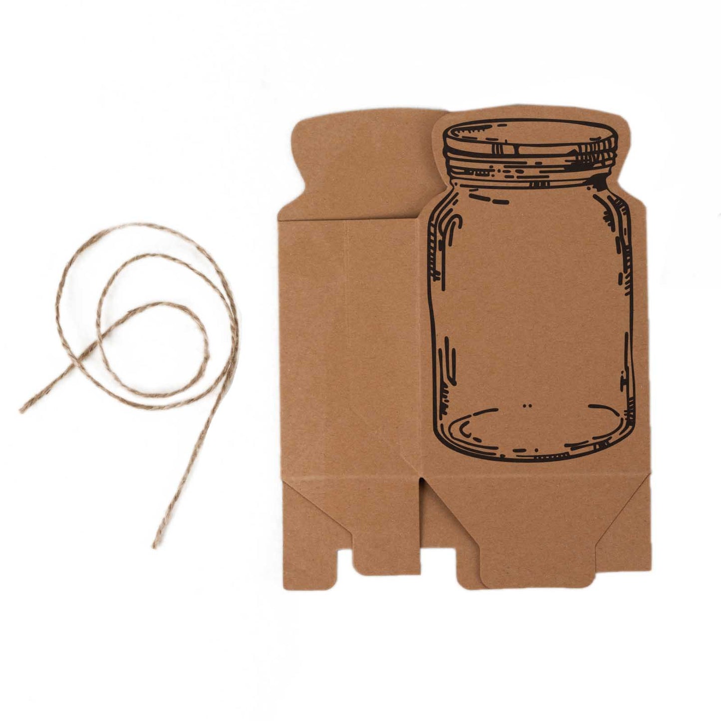 Natural mini mason jar shaped paper party favor boxes with jute rope ties.