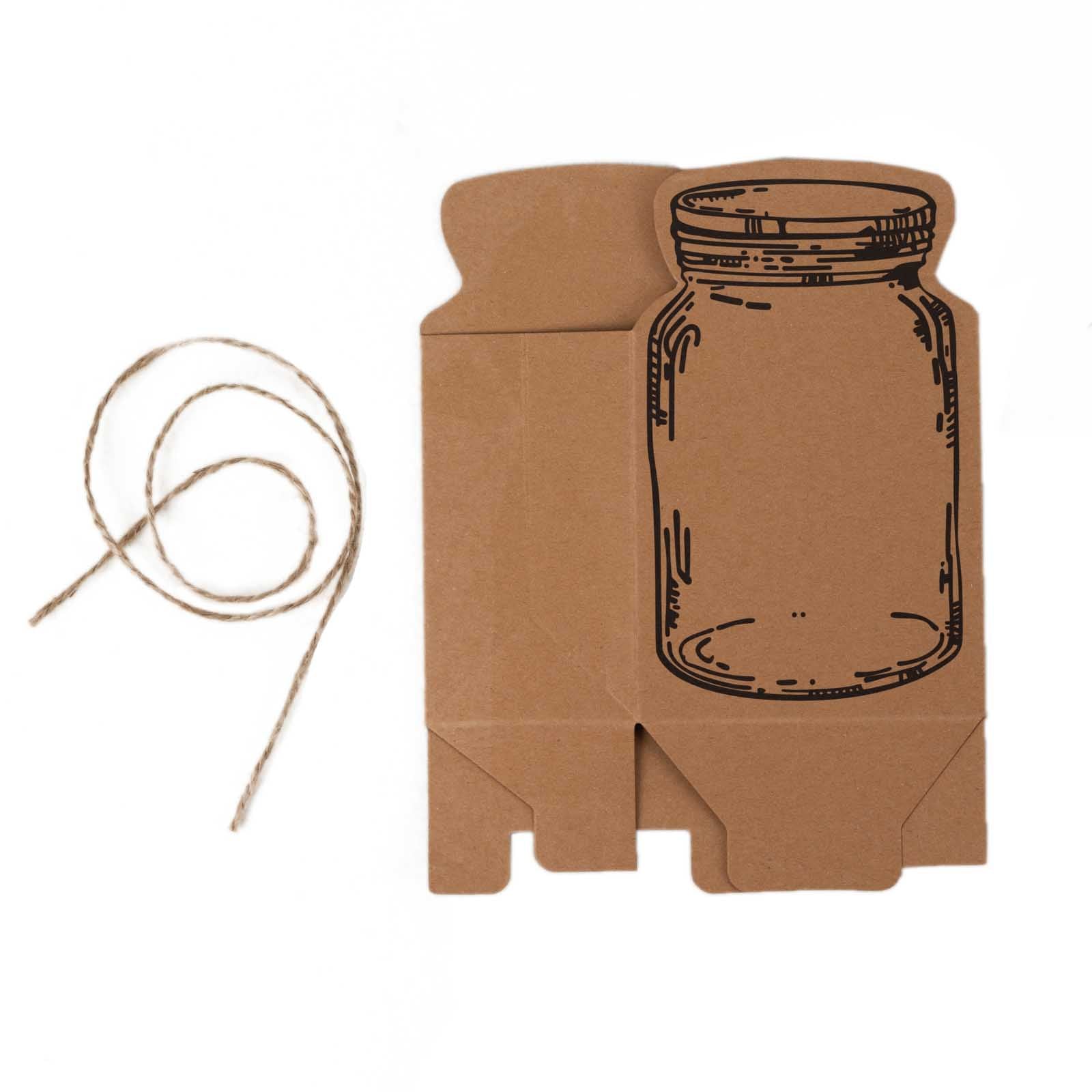 Natural mini mason jar shaped paper party favor boxes with jute rope ties.
