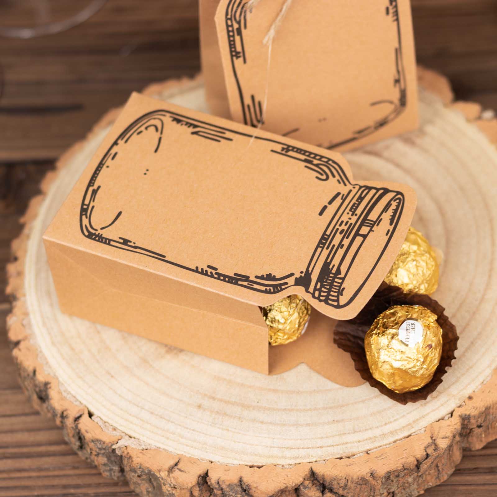 Natural mini mason jar-shaped paper party favor boxes in brown.
