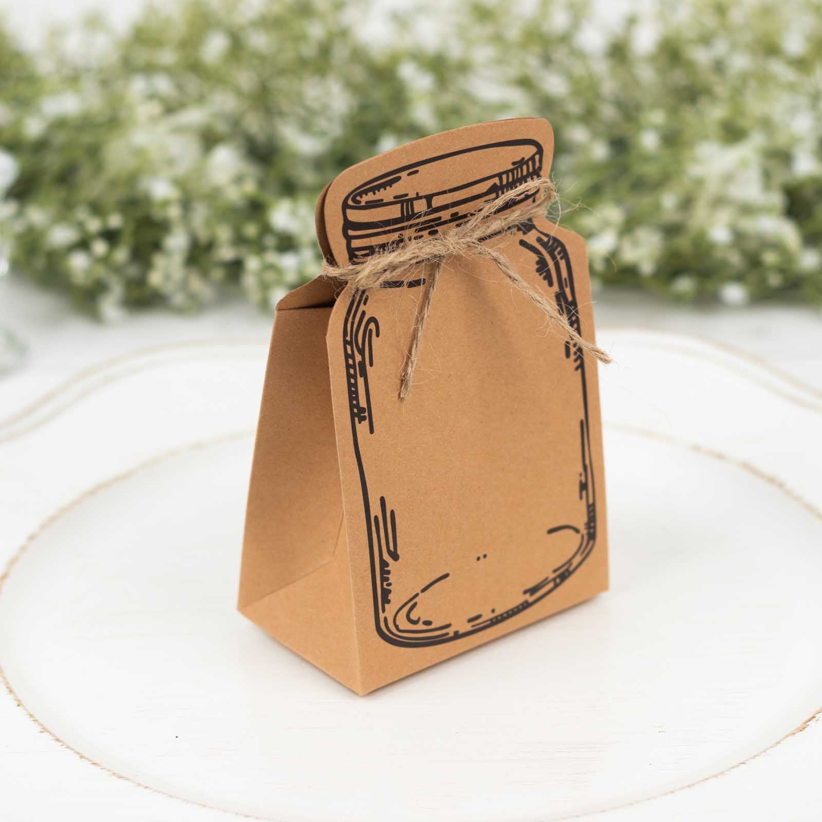 Natural brown mini mason jar shaped favor box with jute rope tie.