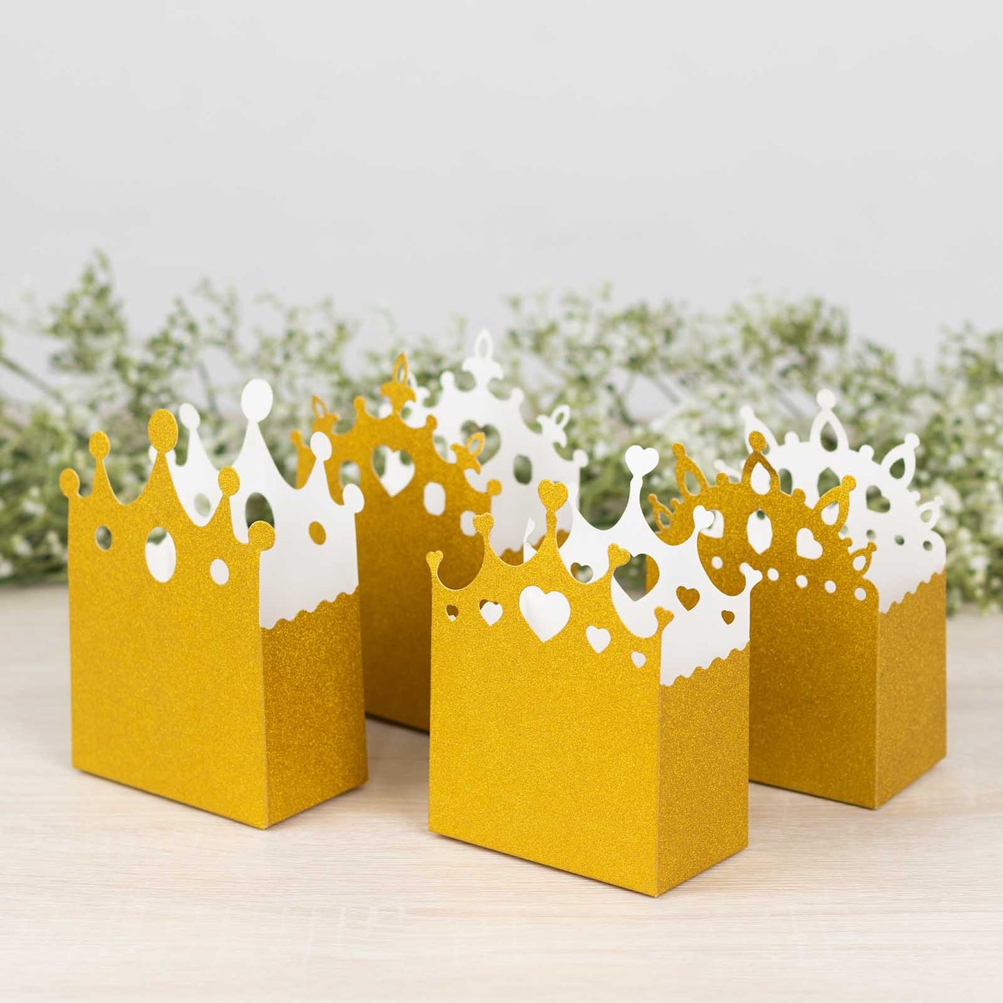 20 Pack Gold Glitter Princess Crown Candy Treat Boxes, Paper Favor Boxes Party Decoration - 3.5"x 2"x 5"