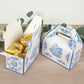 25 Pack Candy Gift Tote Gable Boxes in White Royal Blue Damask Floral Pattern, Party Favor Treat Boxes - 6"x3.5"x7"