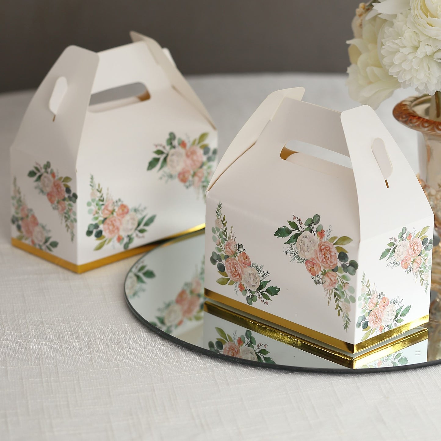 25 Pack White Pink Peony Flowers Print Candy Gift Tote Gable Boxes with Gold Edge, Party Favor Treat Boxes - 6"x3.5"x7"