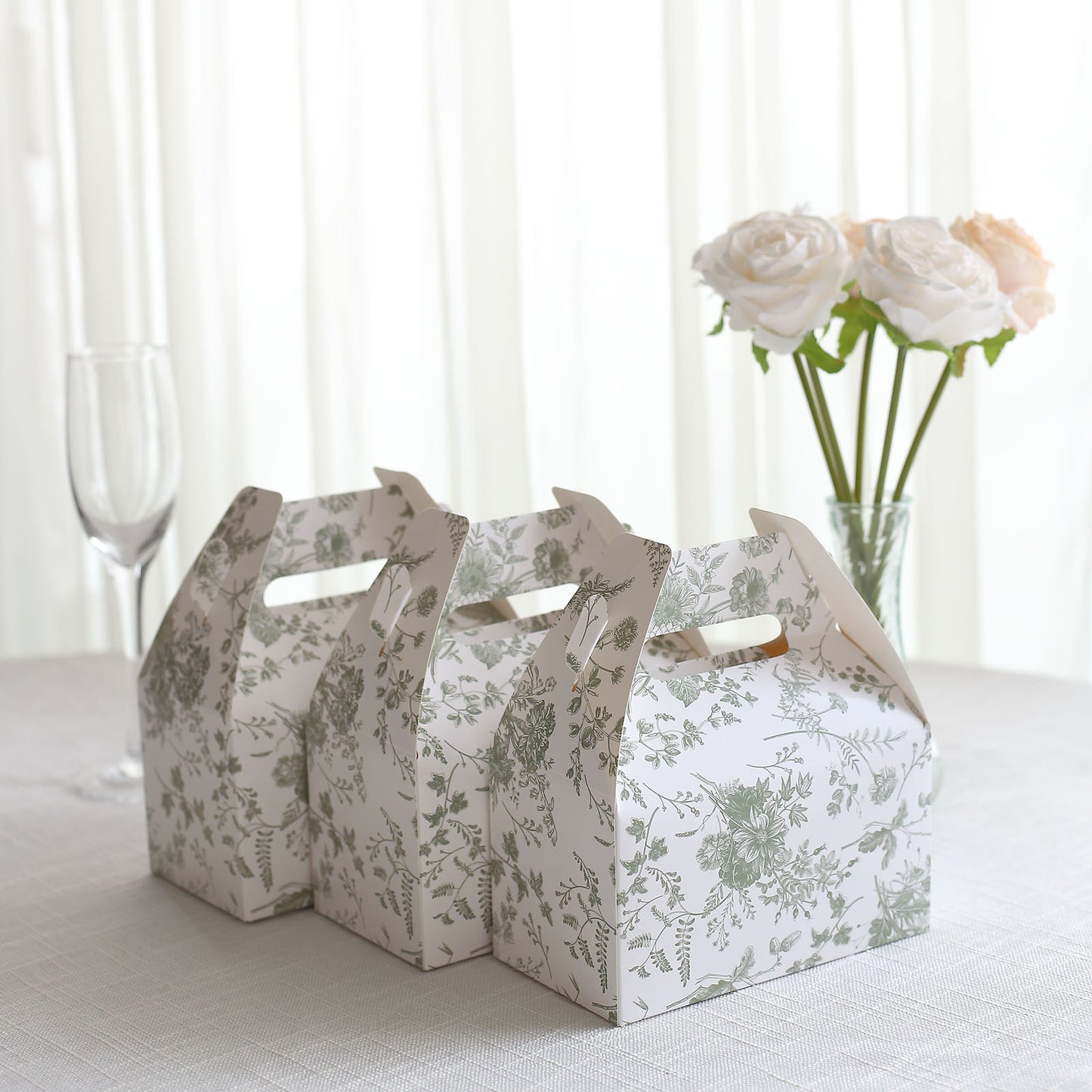 25 Pack White Sage Green Candy Gift Tote Gable Boxes in French Toile Pattern, Party Favor Treat Boxes - 6"x3.5"x7"