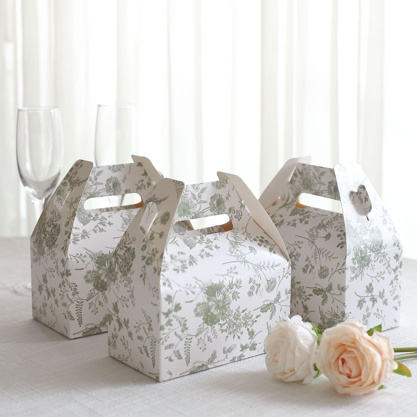 25 Pack White Sage Green Candy Gift Tote Gable Boxes in French Toile Pattern, Party Favor Treat Boxes - 6"x3.5"x7"