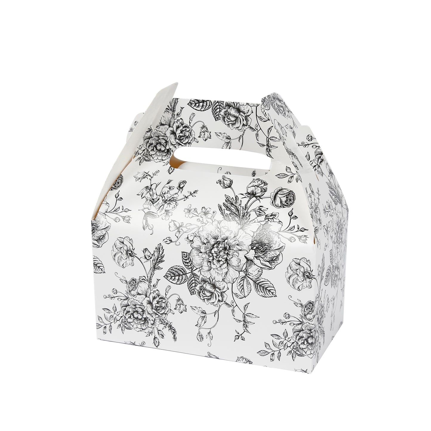 25 Pack Candy Treat Tote Boxes in French Toile Pattern - Matte Black and White Party Favor Gable Boxes, Cardstock Paper - 6"x3.5"x7"