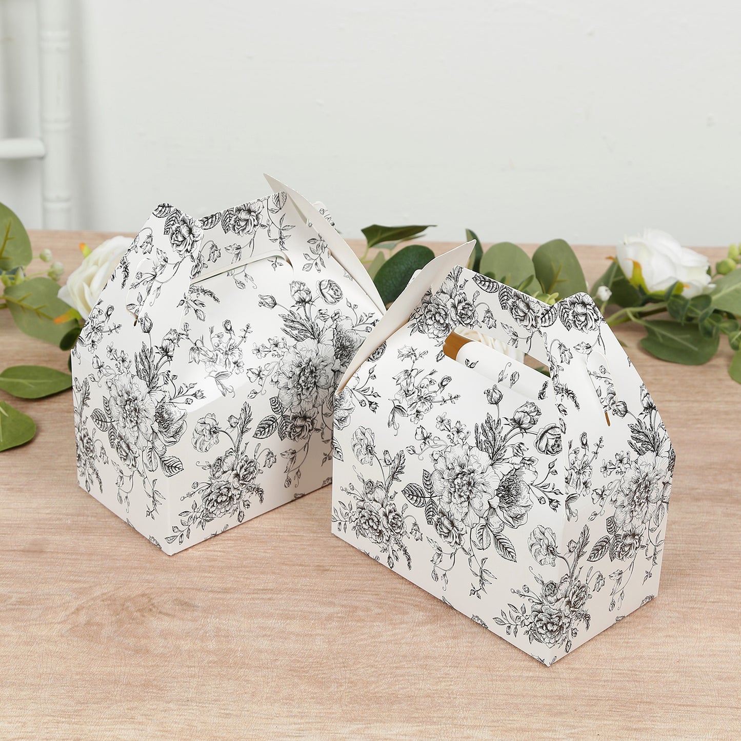 25 Pack Candy Treat Tote Boxes in French Toile Pattern - Matte Black and White Party Favor Gable Boxes, Cardstock Paper - 6"x3.5"x7"