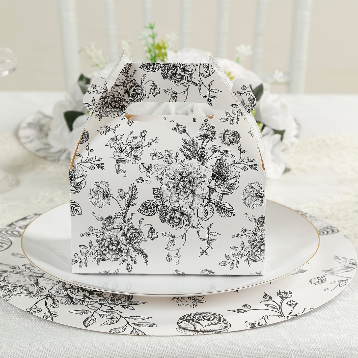 25 Pack Candy Treat Tote Boxes in French Toile Pattern - Matte Black and White Party Favor Gable Boxes, Cardstock Paper - 6"x3.5"x7"