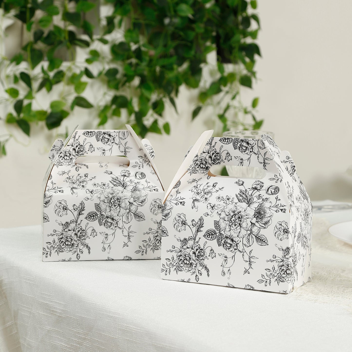 25 Pack Candy Treat Tote Boxes in French Toile Pattern - Matte Black and White Party Favor Gable Boxes, Cardstock Paper - 6"x3.5"x7"