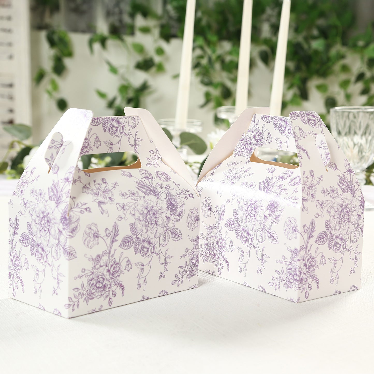 25 Pack Candy Treat Tote Boxes in French Toile Pattern - Matte Lavender and White Party Favor Gable Boxes, Cardstock Paper - 6"x3.5"x7"