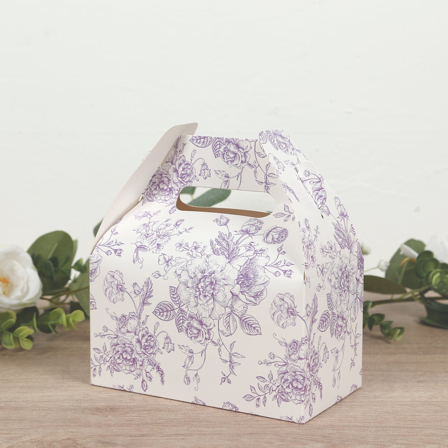 25 Pack Candy Treat Tote Boxes in French Toile Pattern - Matte Lavender and White Party Favor Gable Boxes, Cardstock Paper - 6"x3.5"x7"