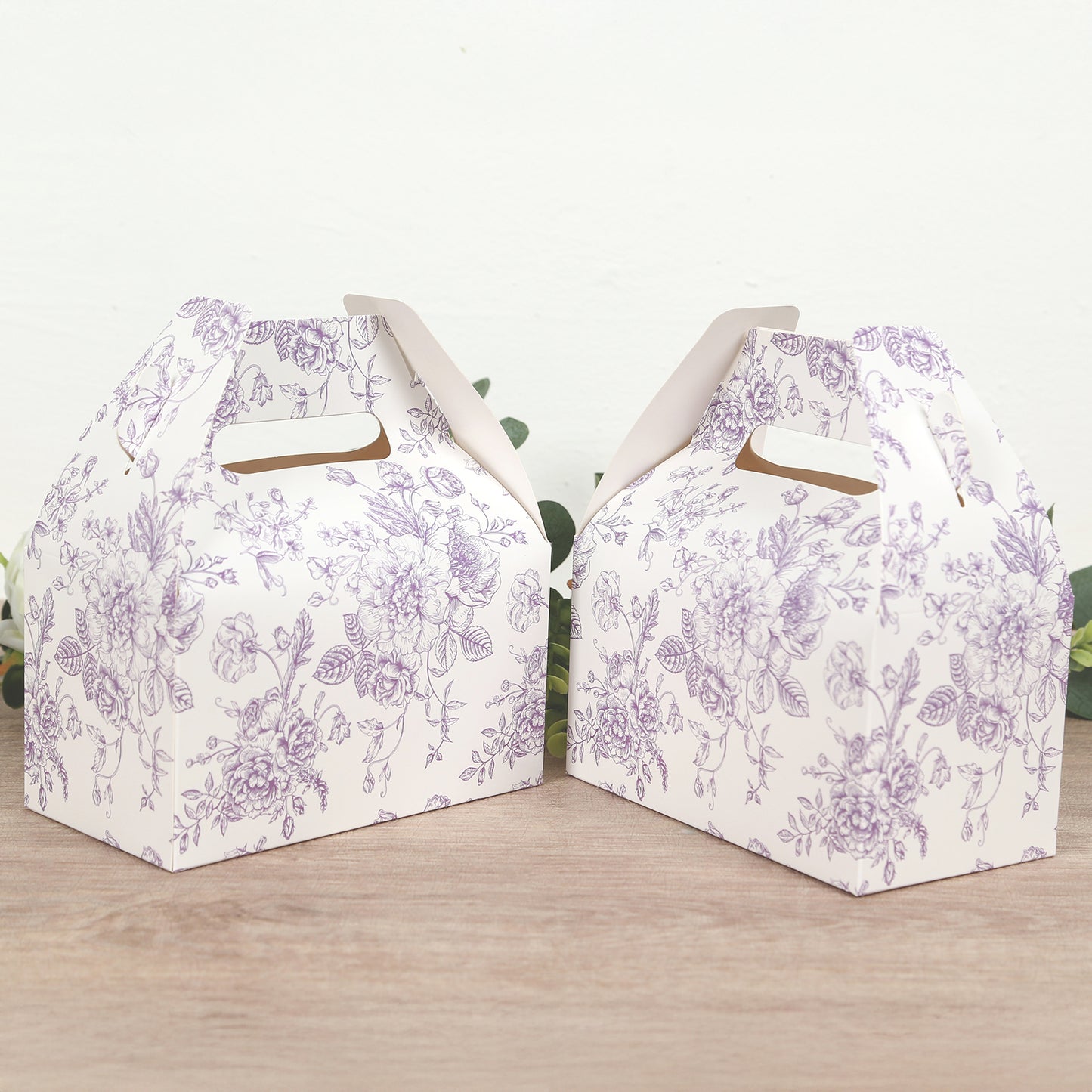 25 Pack Candy Treat Tote Boxes in French Toile Pattern - Matte Lavender and White Party Favor Gable Boxes, Cardstock Paper - 6"x3.5"x7"