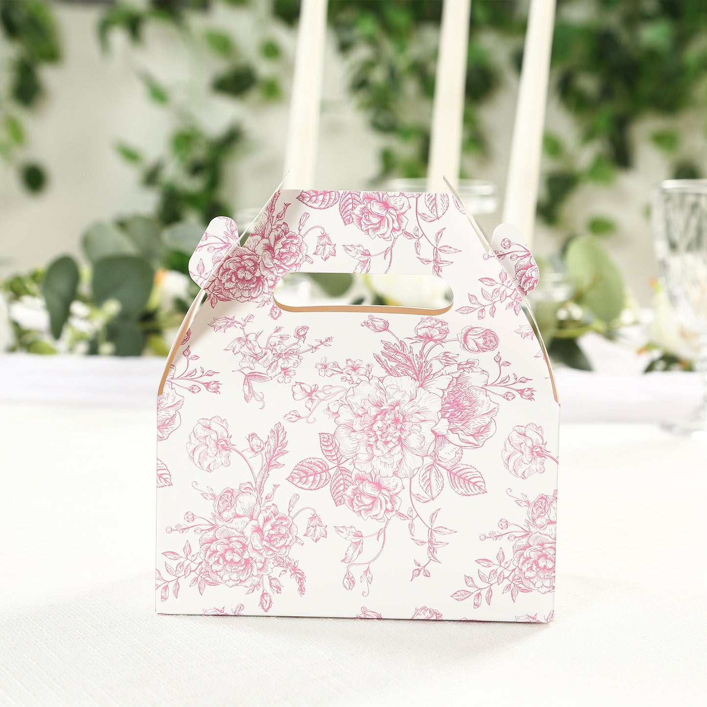 25 Pack Candy Treat Tote Boxes in French Toile Pattern - Matte Pink and White Party Favor Gable Boxes, Cardstock Paper - 6"x3.5"x7"