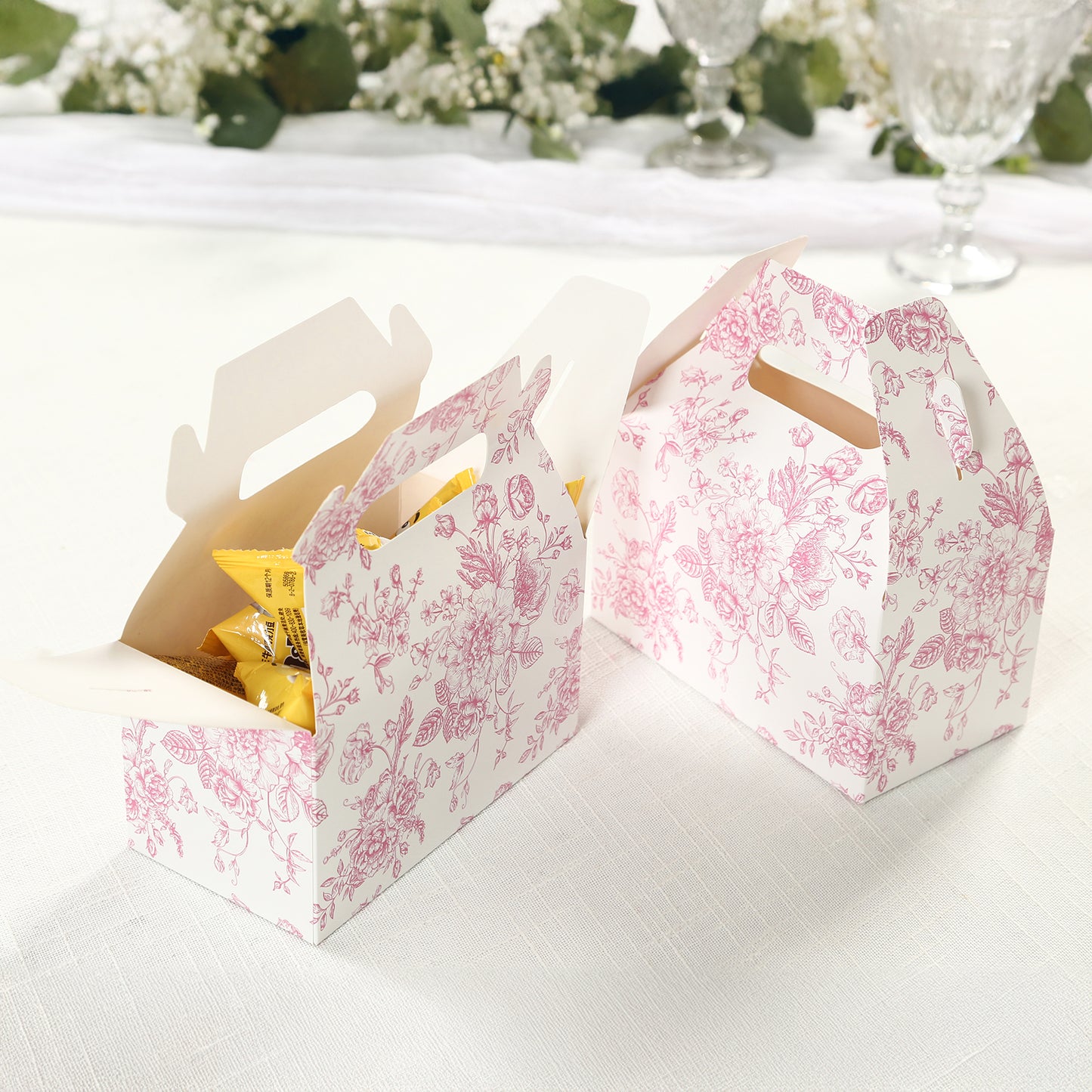 25 Pack Candy Treat Tote Boxes in French Toile Pattern - Matte Pink and White Party Favor Gable Boxes, Cardstock Paper - 6"x3.5"x7"