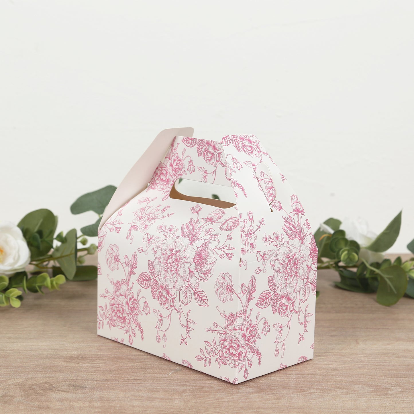 25 Pack Candy Treat Tote Boxes in French Toile Pattern - Matte Pink and White Party Favor Gable Boxes, Cardstock Paper - 6"x3.5"x7"