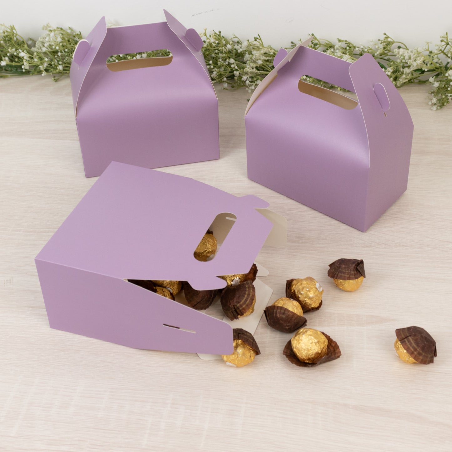 25 Pack Candy Gift Tote Gable Boxes, Matte Lavender Lilac Party Favor Treat Boxes - 6"x3.5"x7"