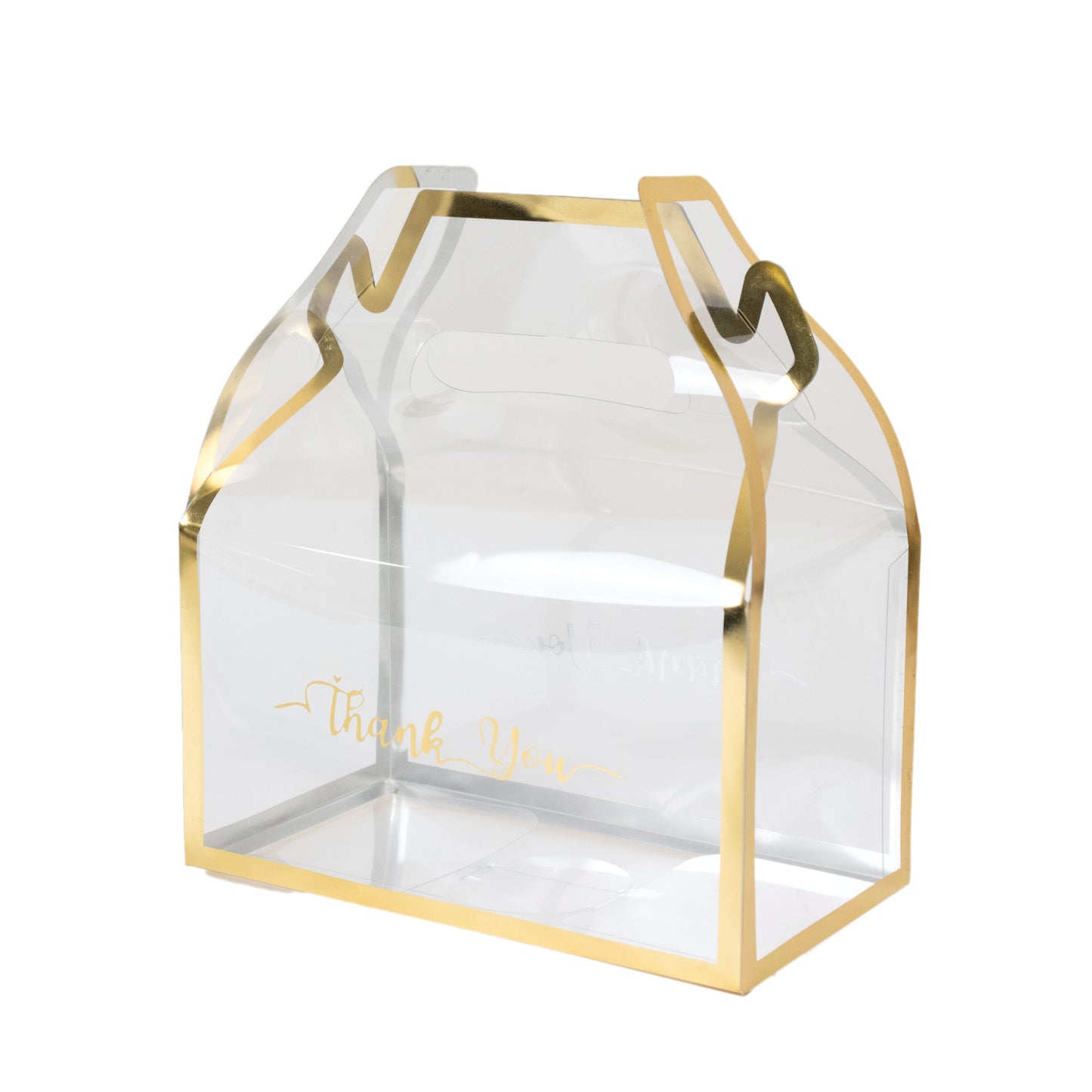 25 Pack Clear PVC Tote Gift Boxes with Gold Trim, Transparent Gable Candy Favor Boxes with Thank You Design - 6"x3.5"x7"