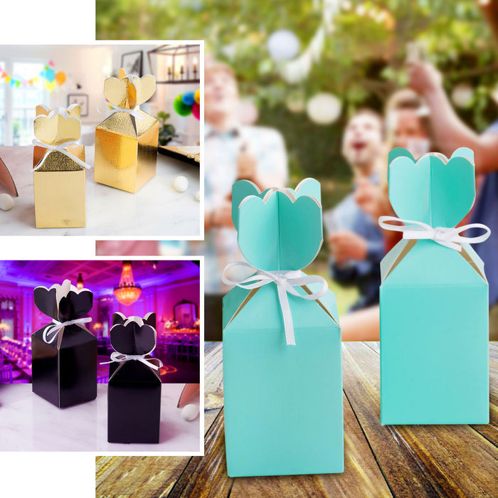 Blush floral satin ribbon gift boxes for party favors.