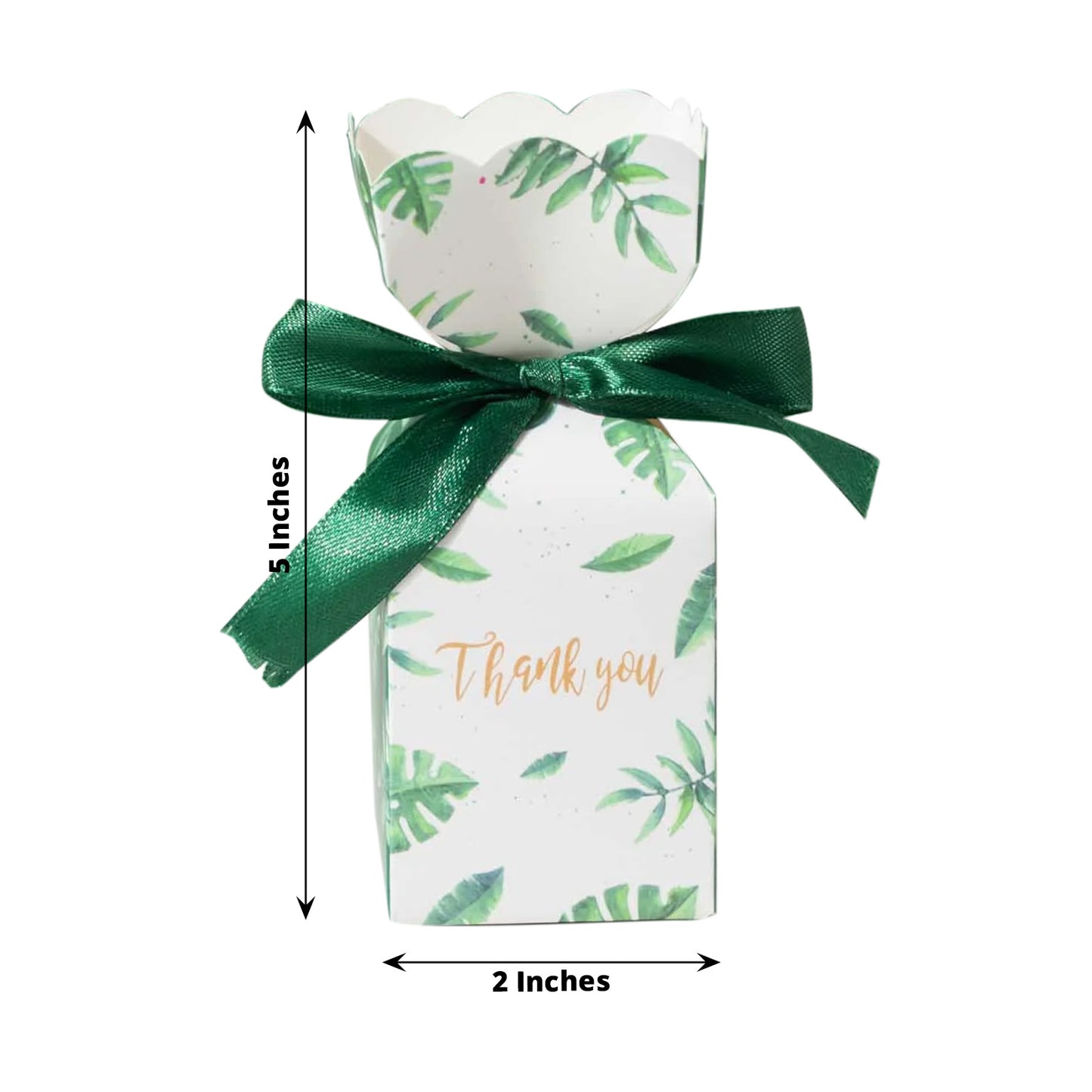 White green leaf print satin ribbon gift box with floral top.