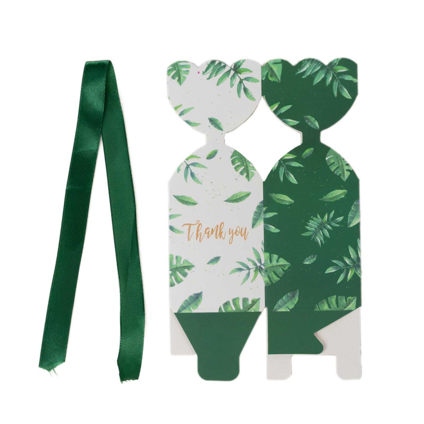 White and green leaf print satin ribbon gift boxes with floral top.