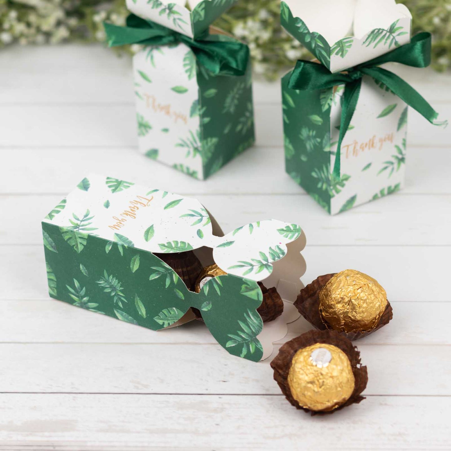 White green leaf print satin ribbon candy gift boxes with floral top.