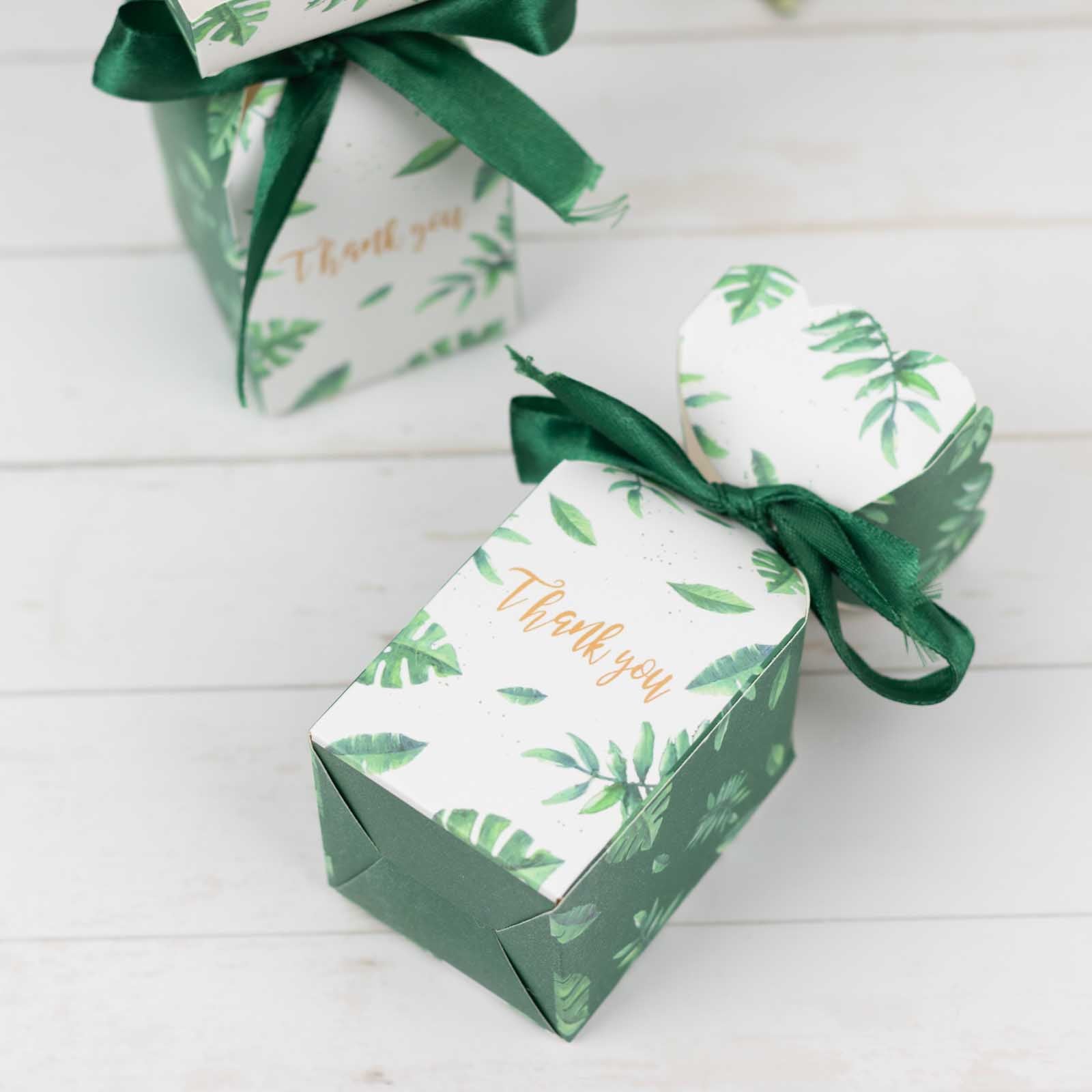White green leaf print satin ribbon gift boxes with floral top.