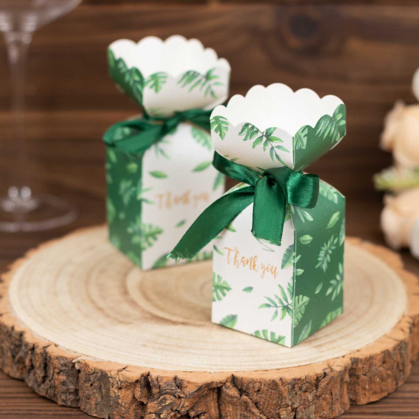 White green leaf print satin ribbon gift boxes with floral top.