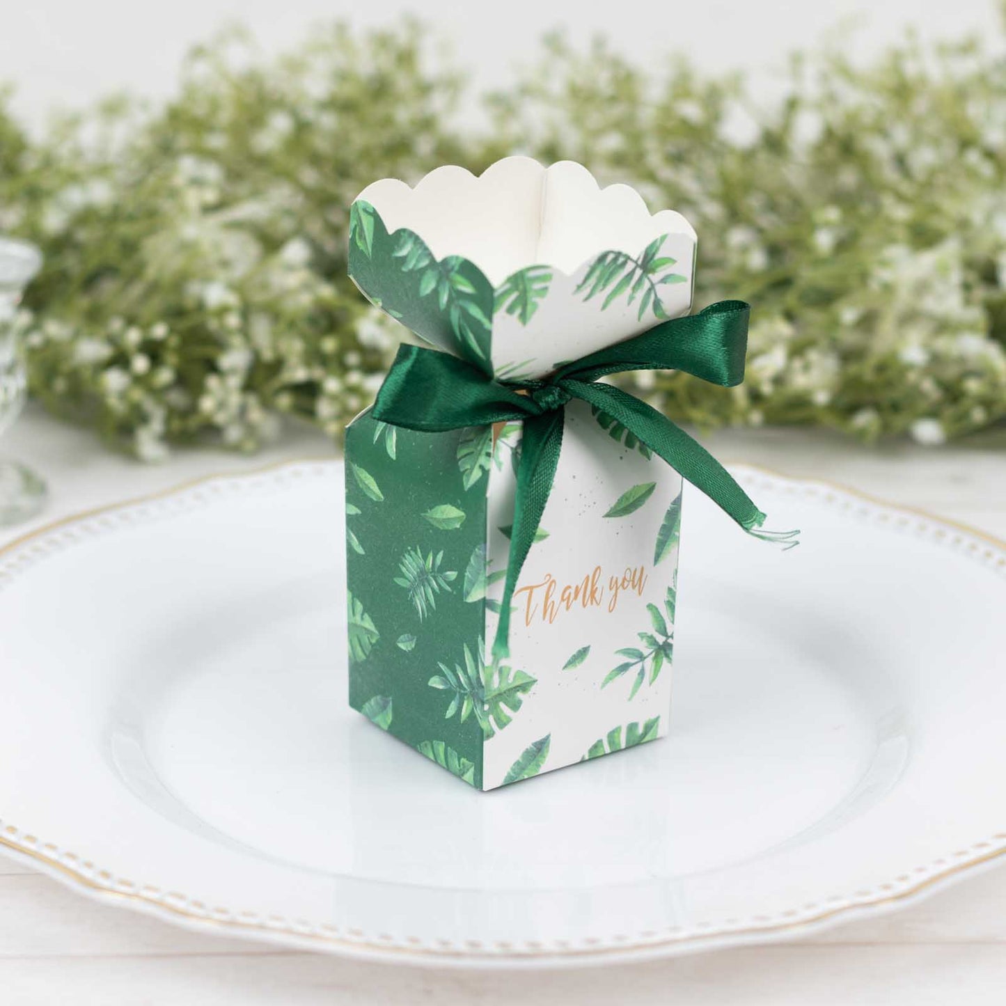 White green leaf print satin ribbon gift box with floral top.