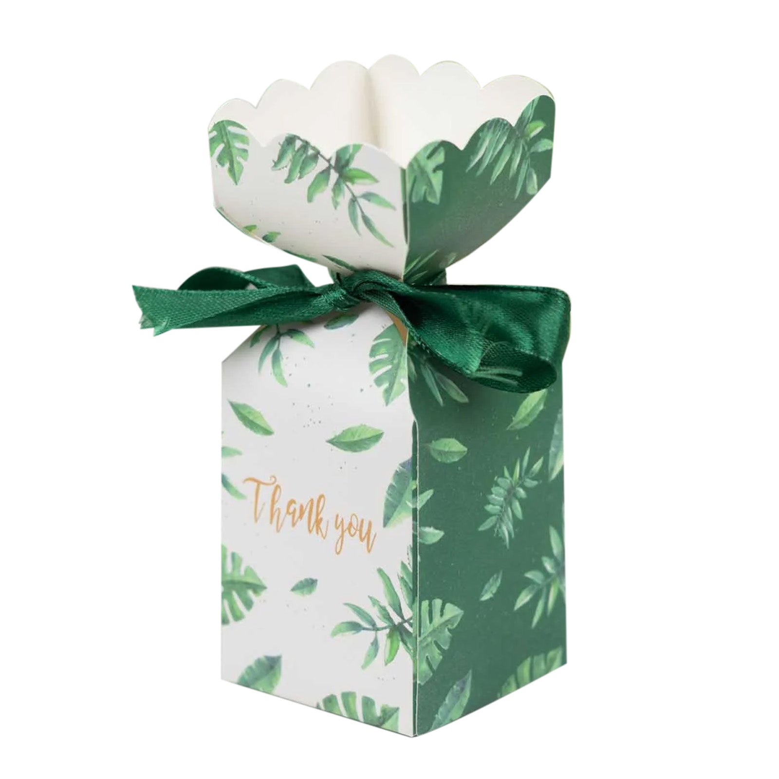 White and green leaf print satin ribbon gift box with floral top.