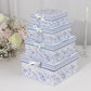 Set of 4 White Blue French Toile Square Nesting Gift Boxes With Lids, Stackable Heavy Duty Cardstock Boxes, Cupcake Dessert Display Stand - 6",7",8",9"