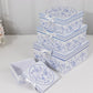 Set of 4 White Blue French Toile Square Nesting Gift Boxes With Lids, Stackable Heavy Duty Cardstock Boxes, Cupcake Dessert Display Stand - 6",7",8",9"