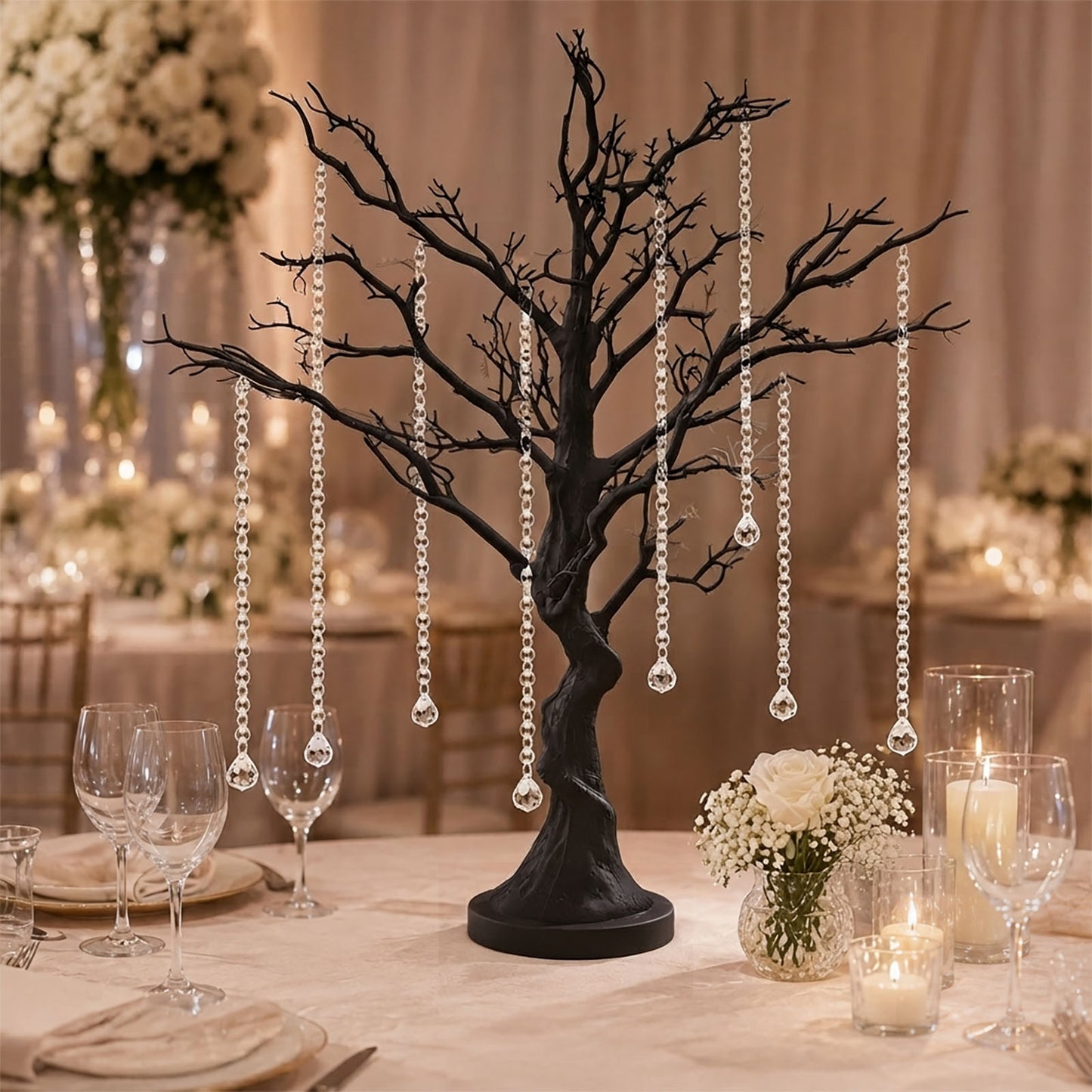 34" Black Manzanita Centerpiece Tree + 8 Acrylic Bead Chains