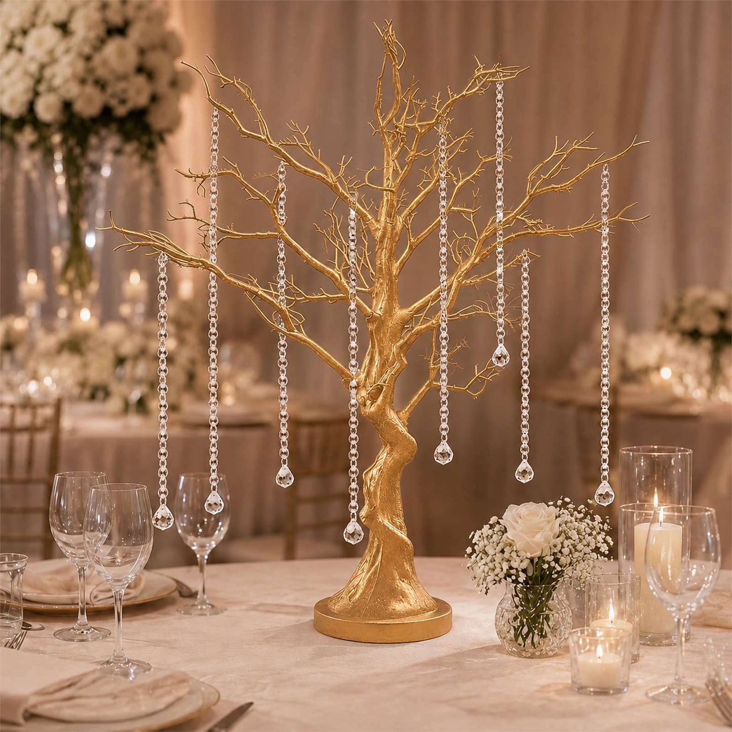 34" Metallic Gold Manzanita Centerpiece Tree + 8 Acrylic Bead Chains