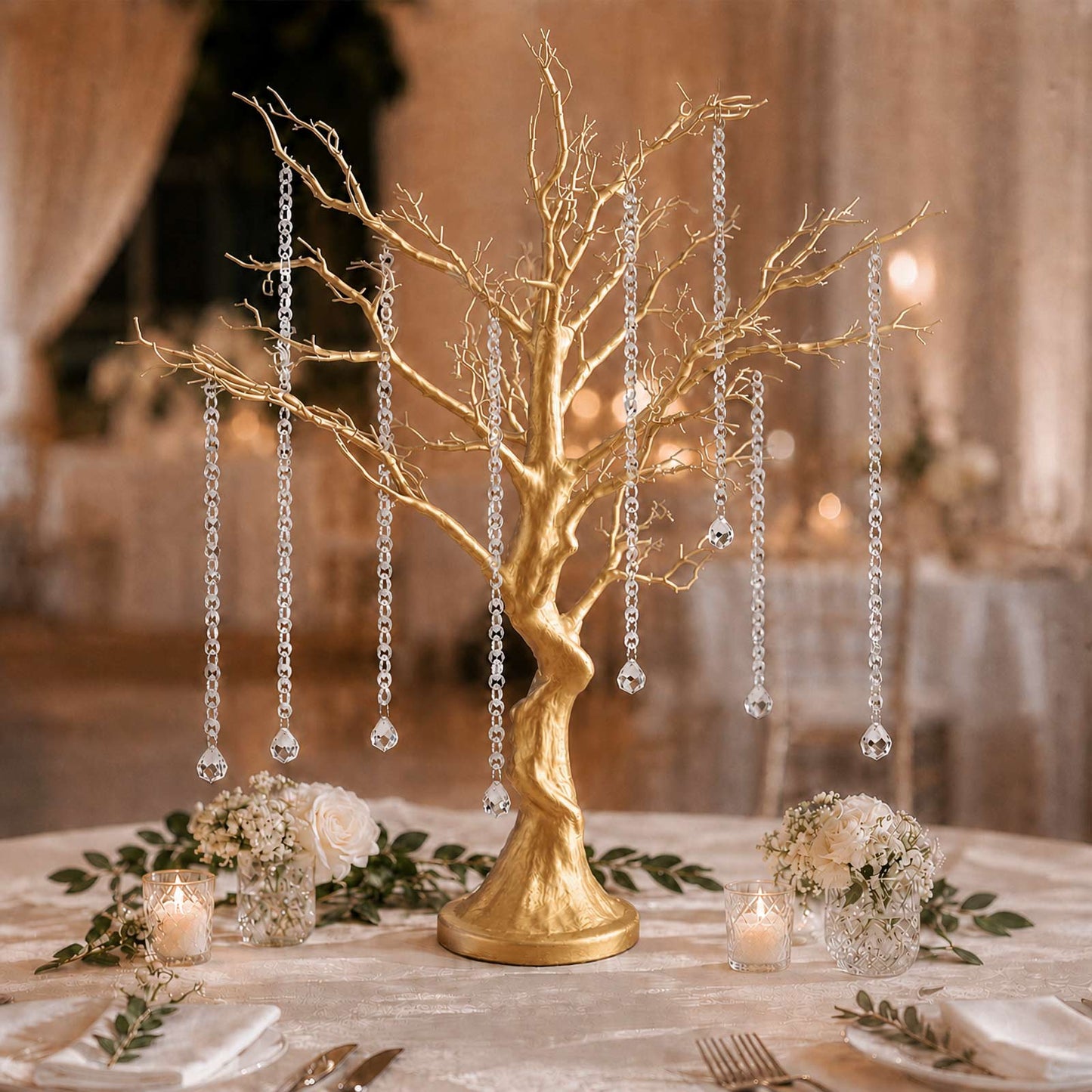 34" Metallic Gold Manzanita Centerpiece Tree + 8 Acrylic Bead Chains