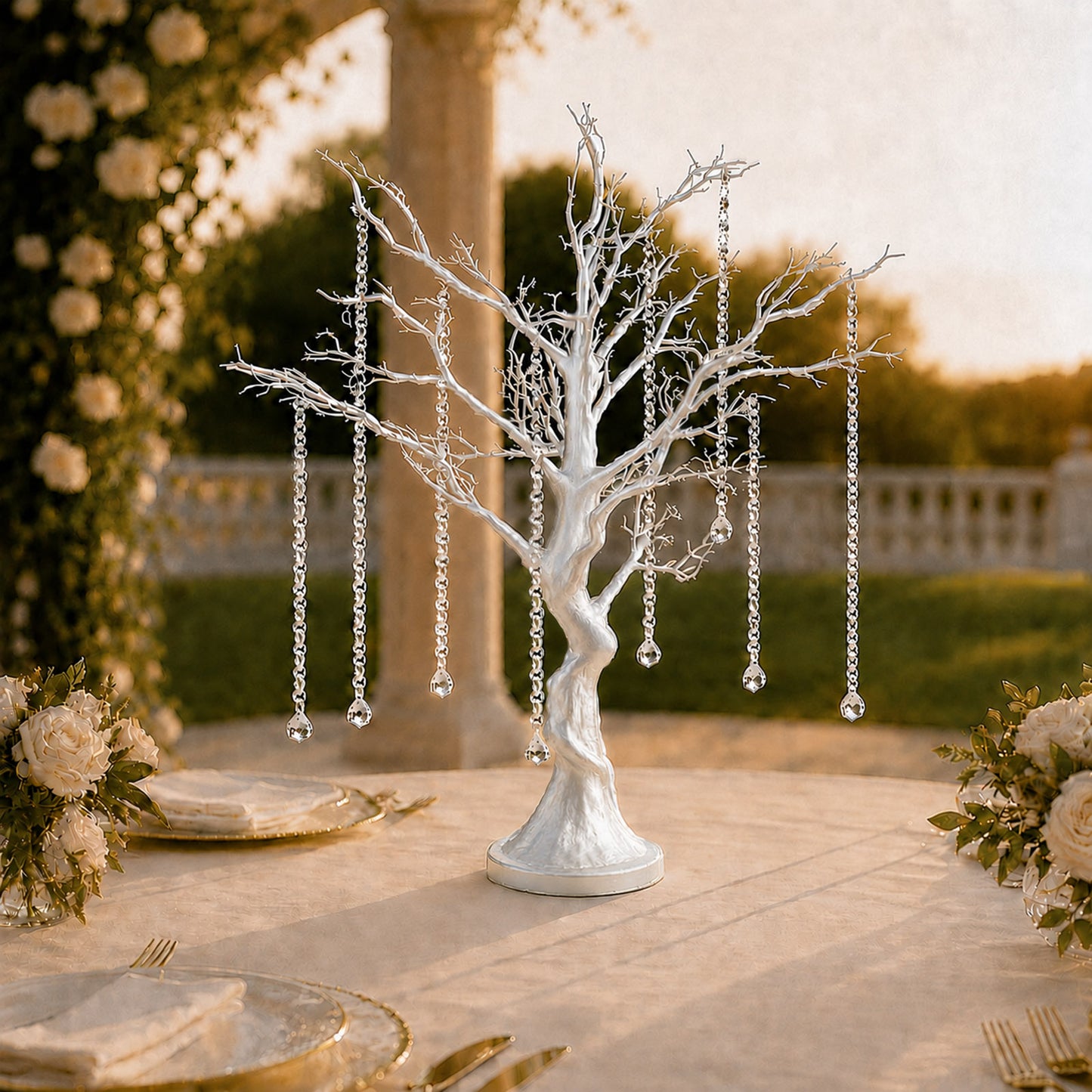 34" Metallic Silver Manzanita Centerpiece Tree + 8 Acrylic Bead Chains