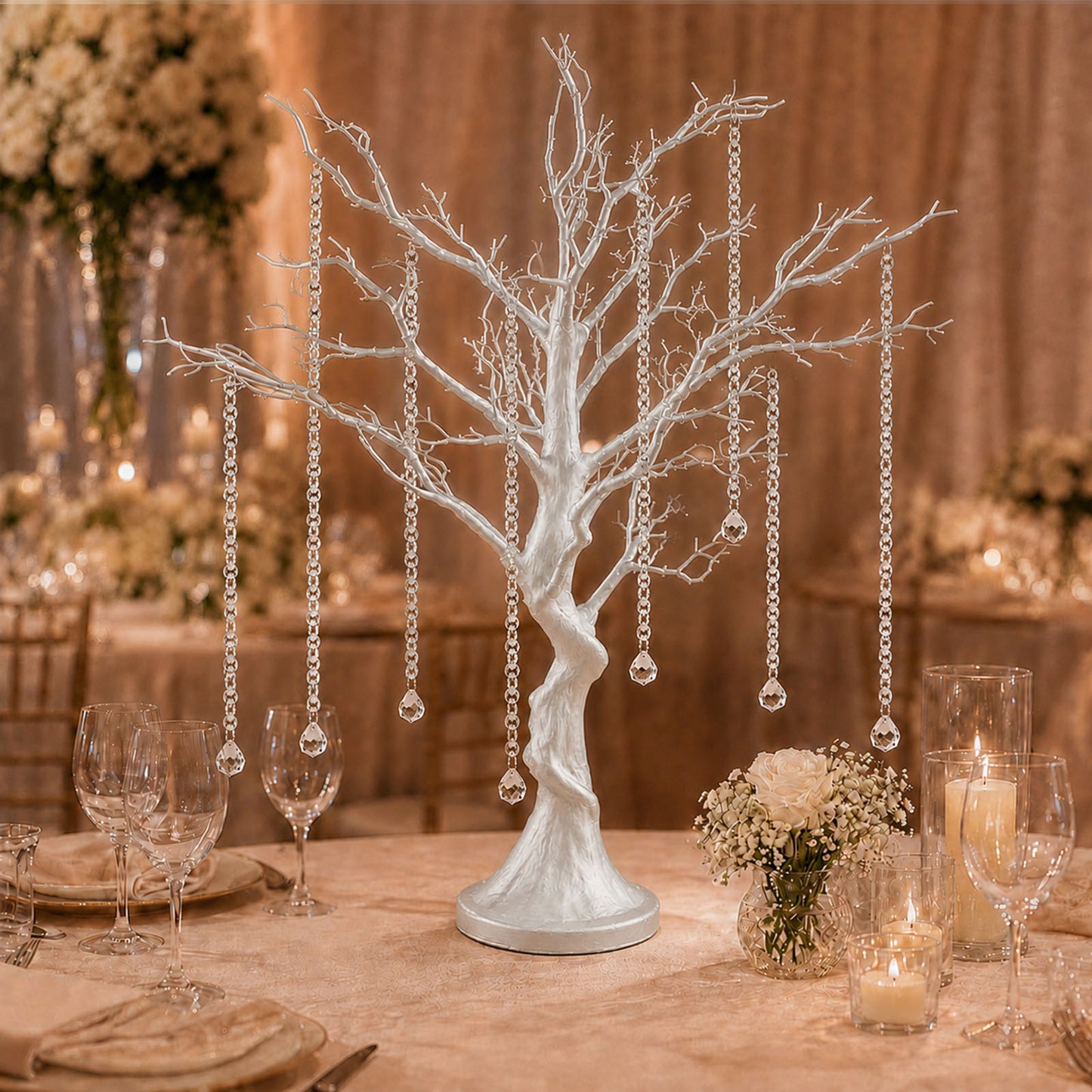 34" Metallic Silver Manzanita Centerpiece Tree + 8 Acrylic Bead Chains